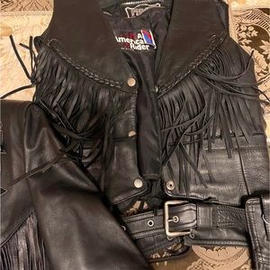 Leather motorcycle gear. Jacket vest and chaps